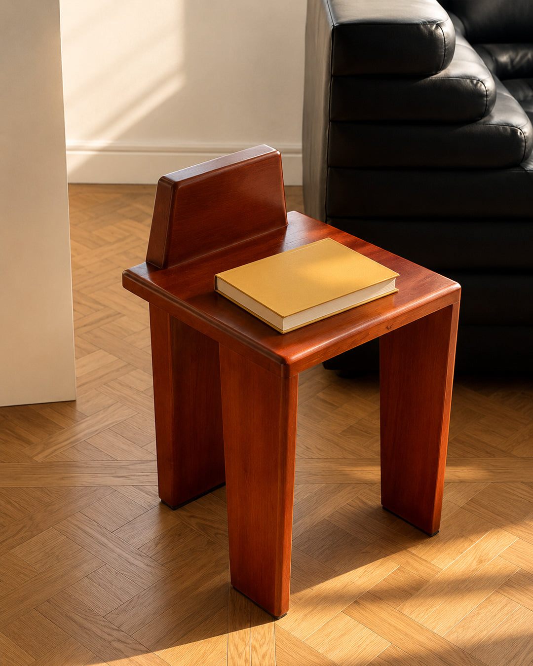 brutalist wood dining chair shown styled at a small dining table