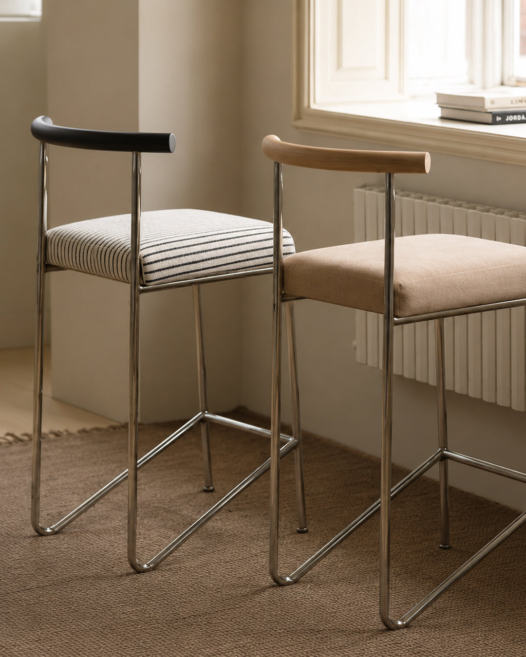 wire frame bar stool shown styled at a kitchen island counter