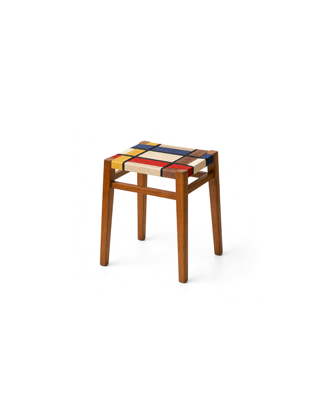 woven cord square stool in mixed plaid cord with walnut wood legs - front view product photo