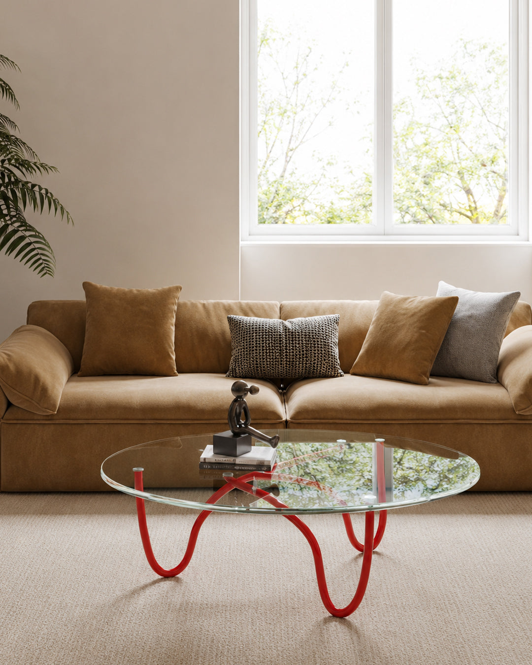 Top-down view of clear glass coffee table top