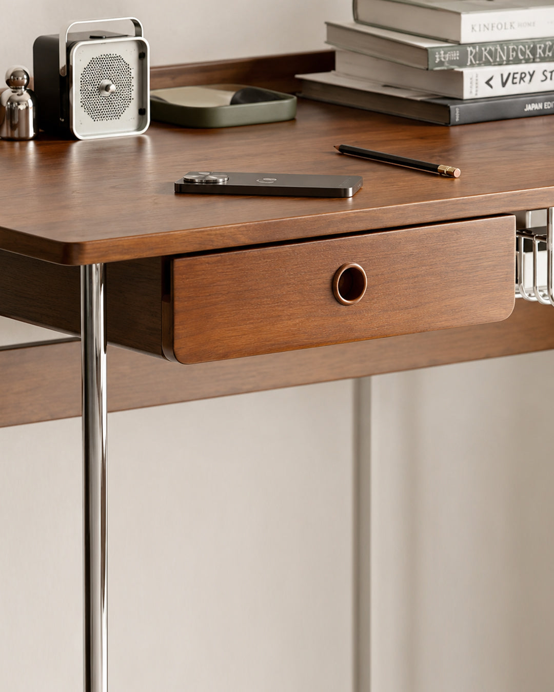 Drawer detail on mid-century walnut writing desk