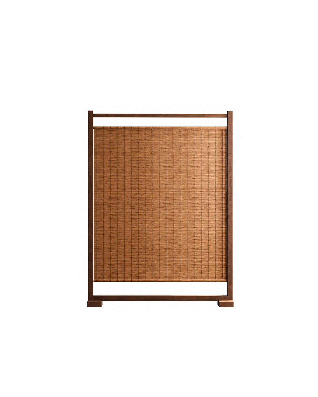 Walnut finish natural reed room divider, front view