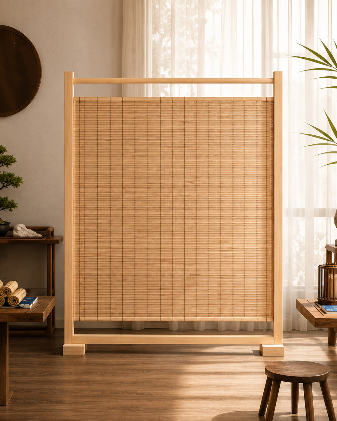 Reed room divider used as an entryway partition
