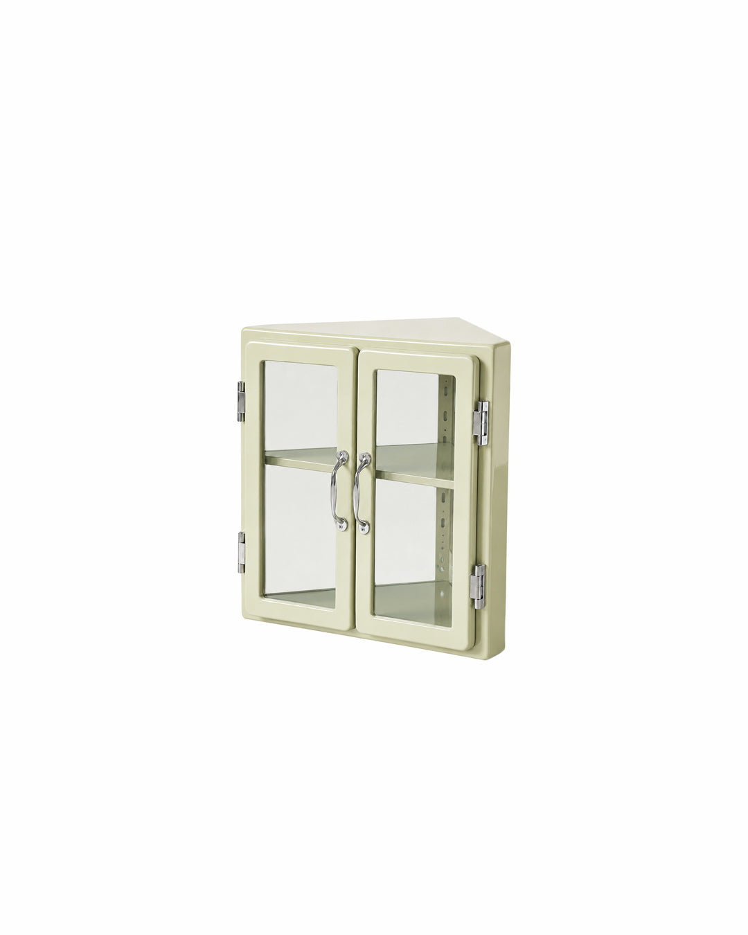 metal MCM vitrine corner display cabinet in green - front view product photo