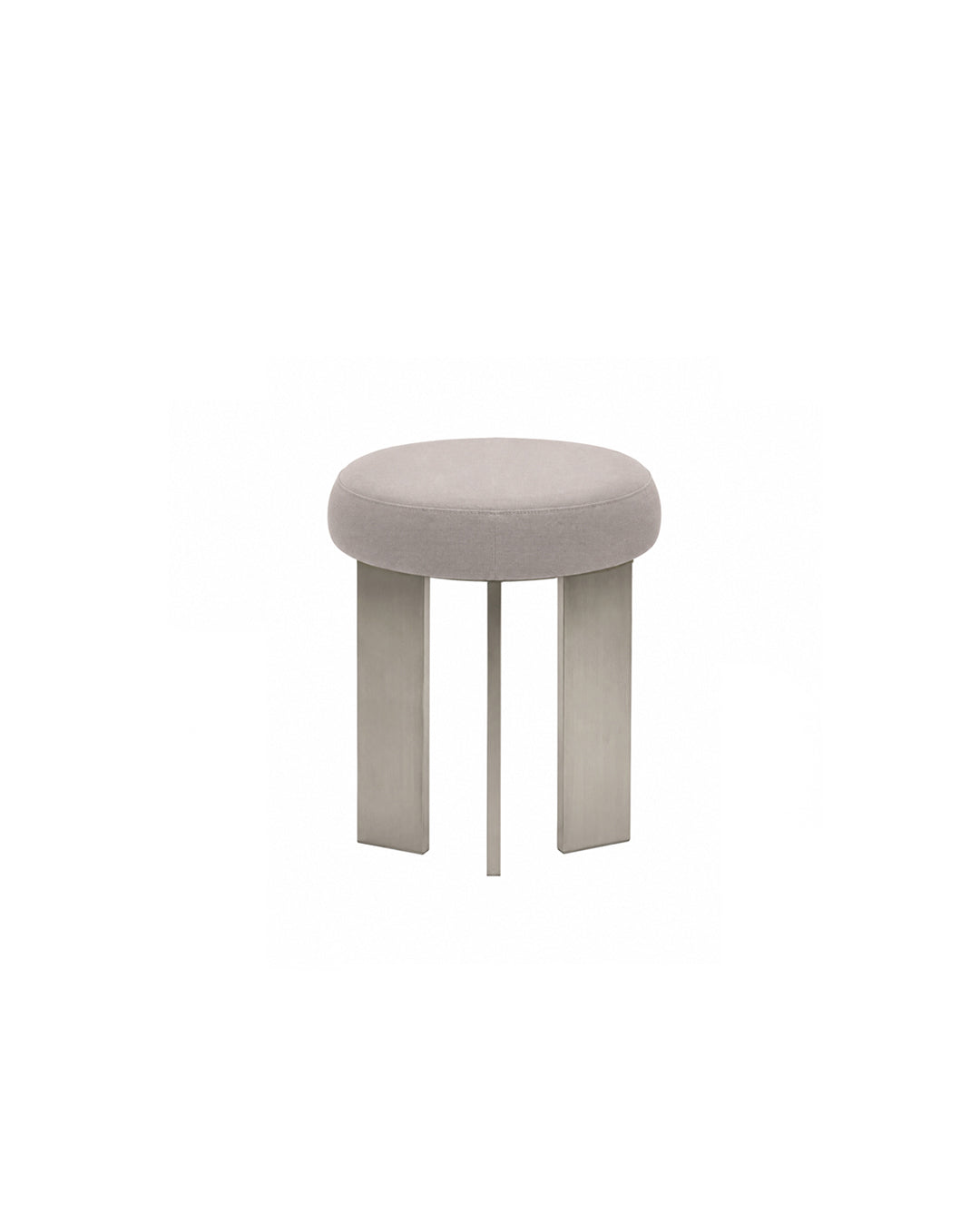 round linen-top accent stool with tripod steel legs in grey - front view product photo