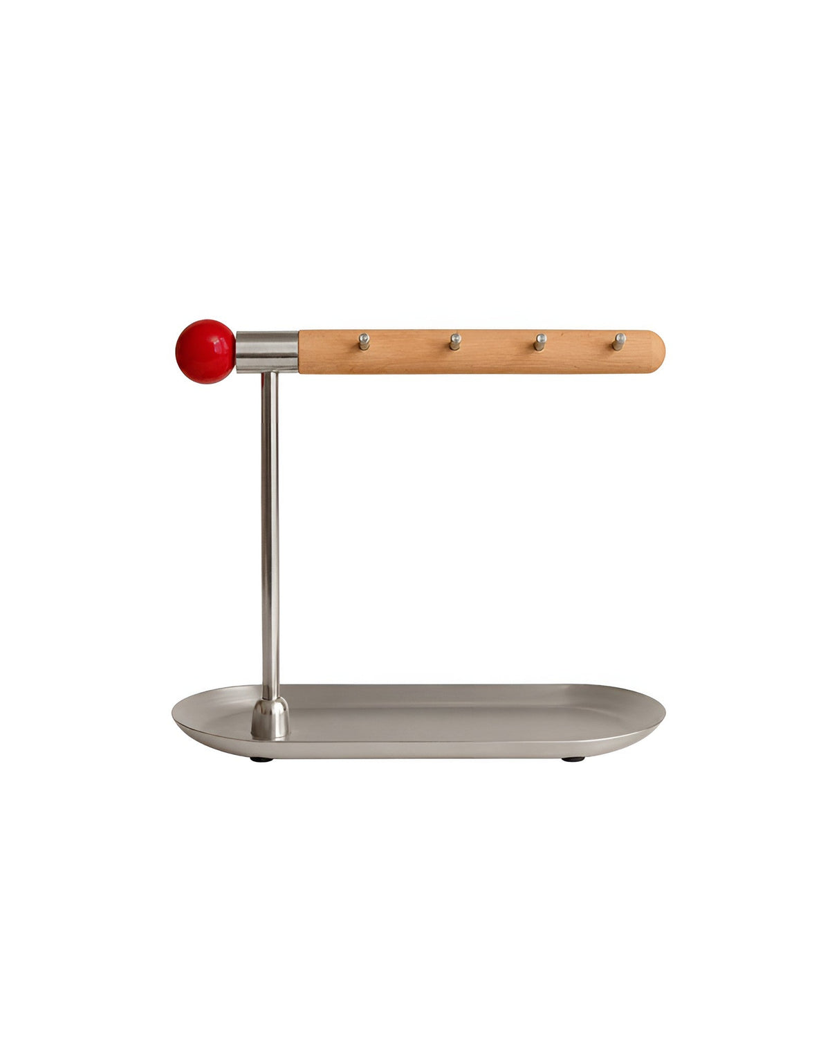 A modern coat rack with a brushed steel base and pole, a natural wood horizontal bar with four hooks, and a red spherical accent on the left side, shown against a plain white background.