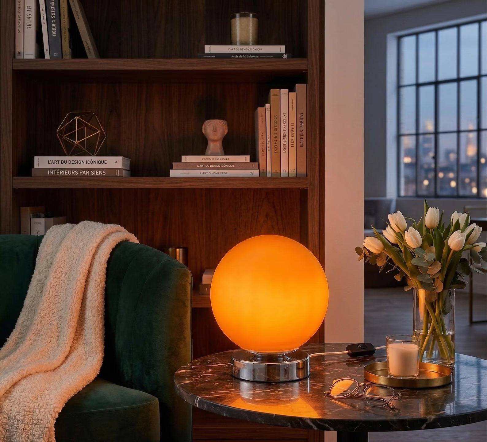 Orange Retro Glass Ball Chrome Table Lamp