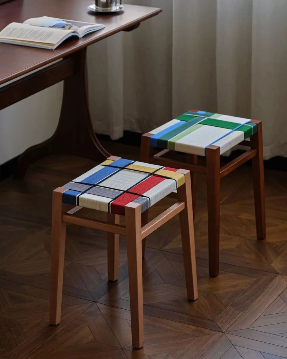 PLAID KNOT | Woven Cord Square Stool, Beech or Walnut