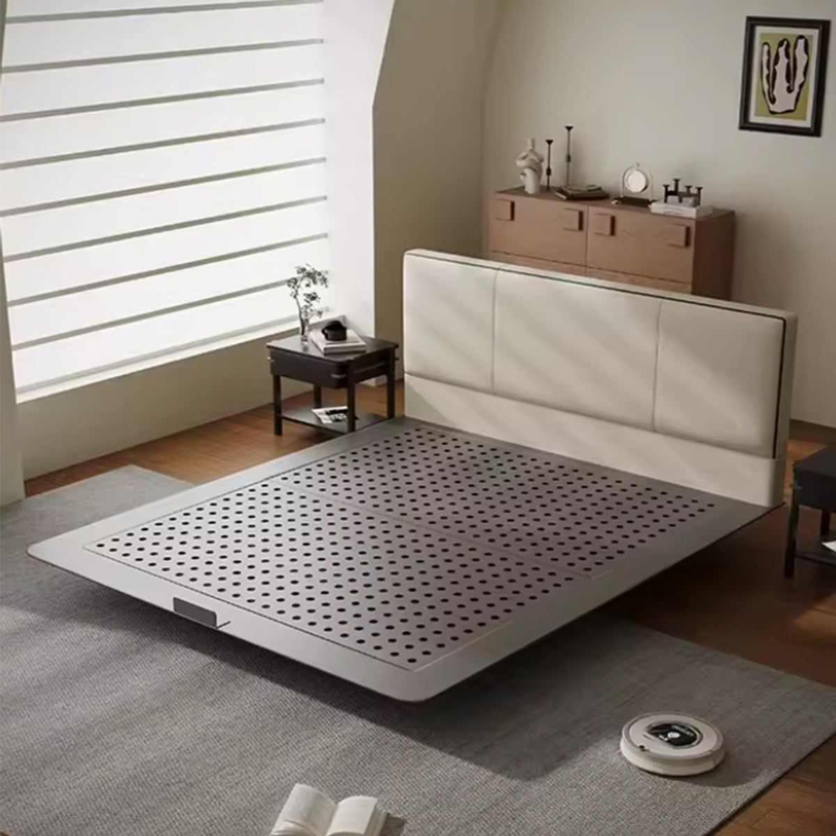 Stainless Steel Bed Frame - Beige Headboard, Industrial Metal Design