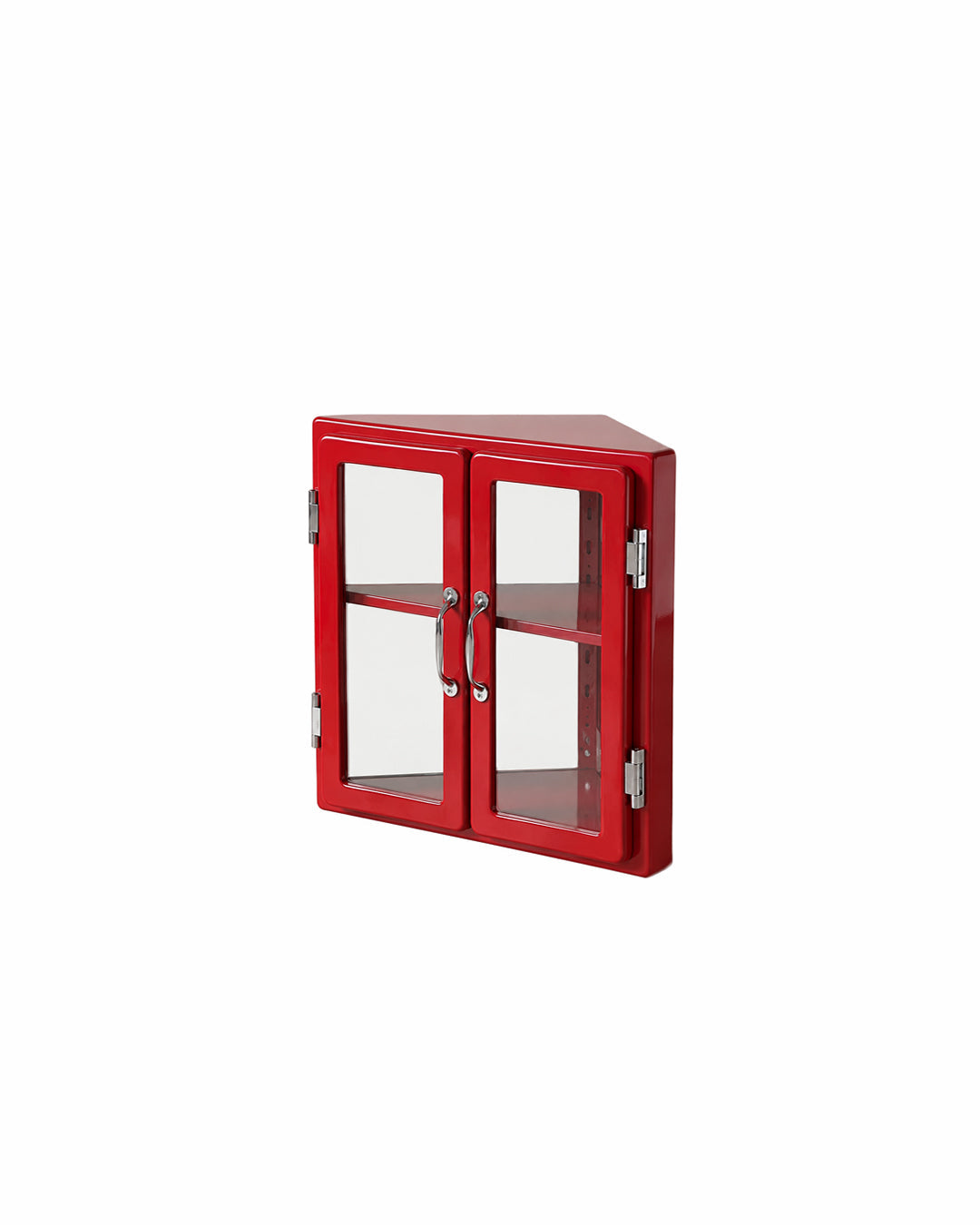 metal MCM vitrine corner display cabinet in red - front view product photo