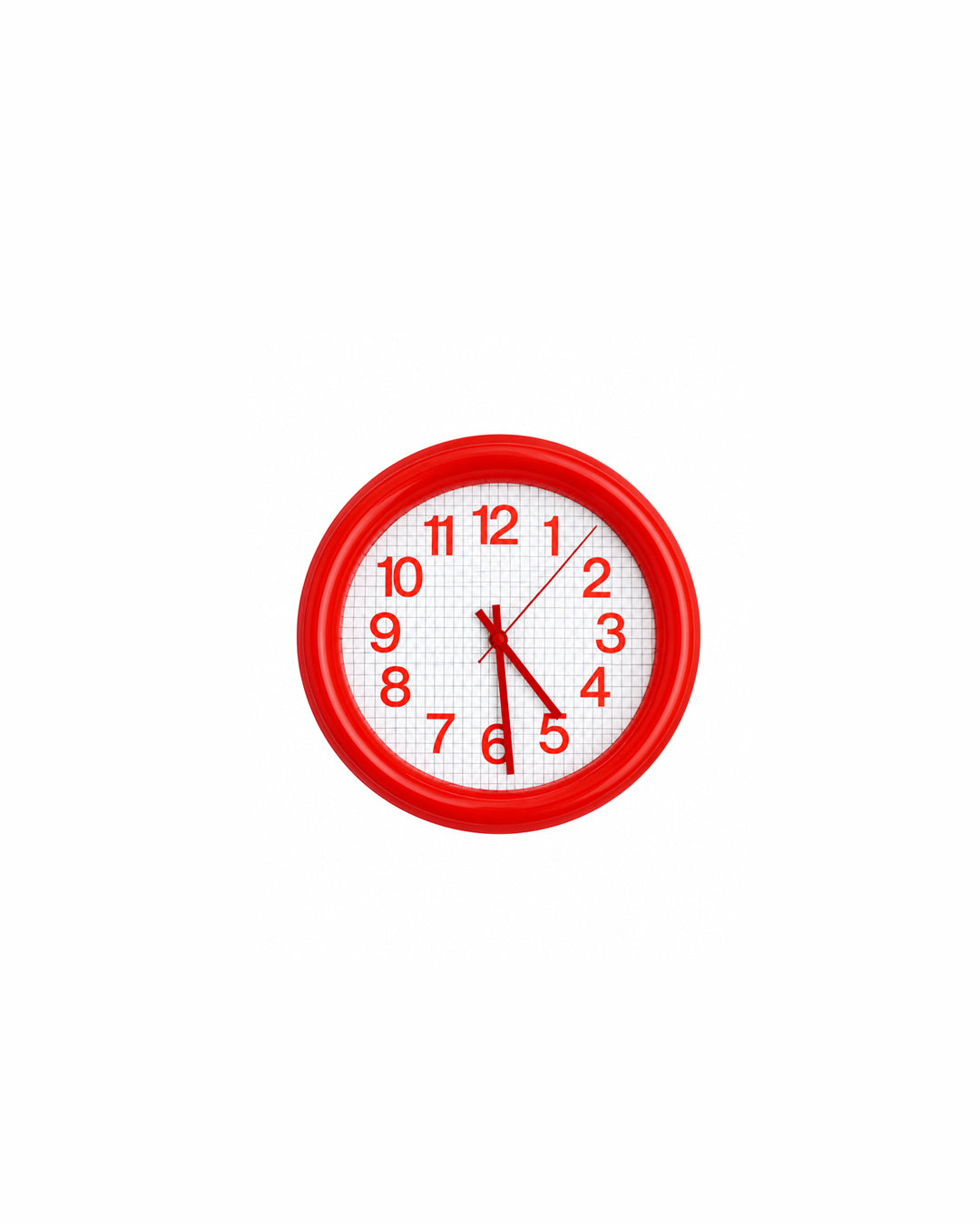 bold grid wall clock with thick round frame in red - front view product photo