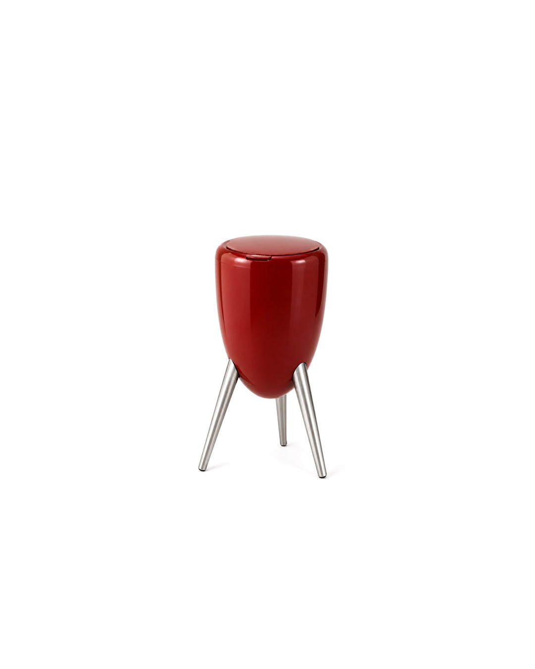 egg shape tripod trash can with lid in red - front view product photo
