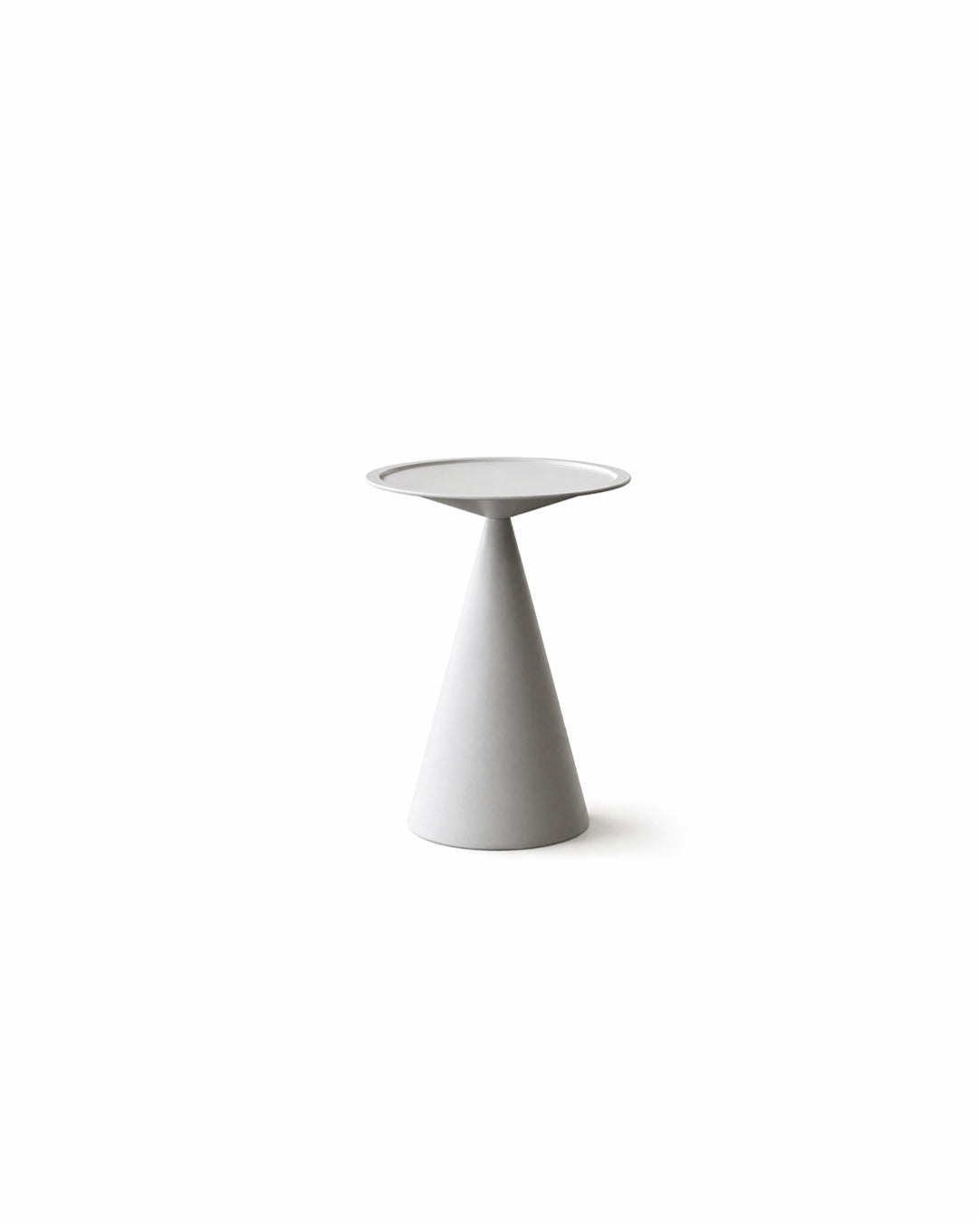 sculptural cone base metal side table in grey white - front view product photo