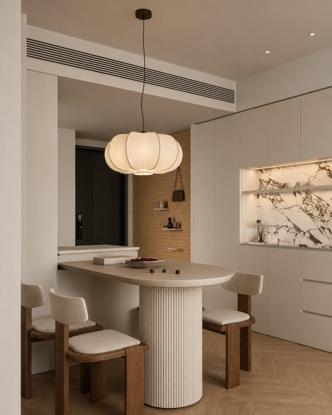 Silk paper pendant light styled in a living room