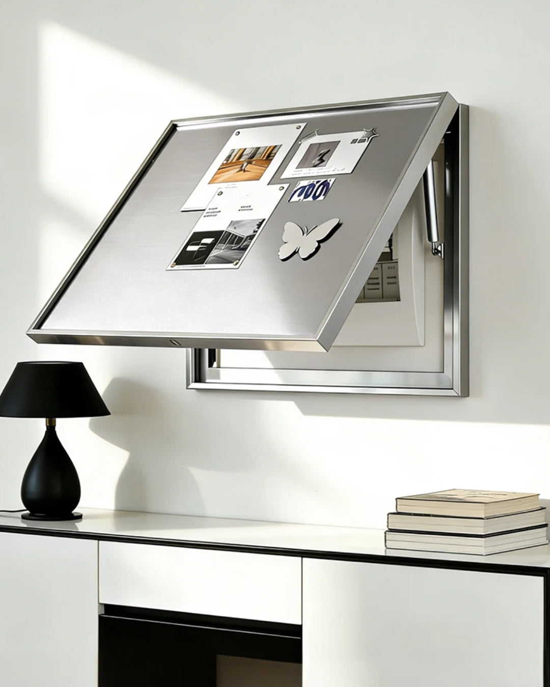 Wall panel open, showing hinge mechanism