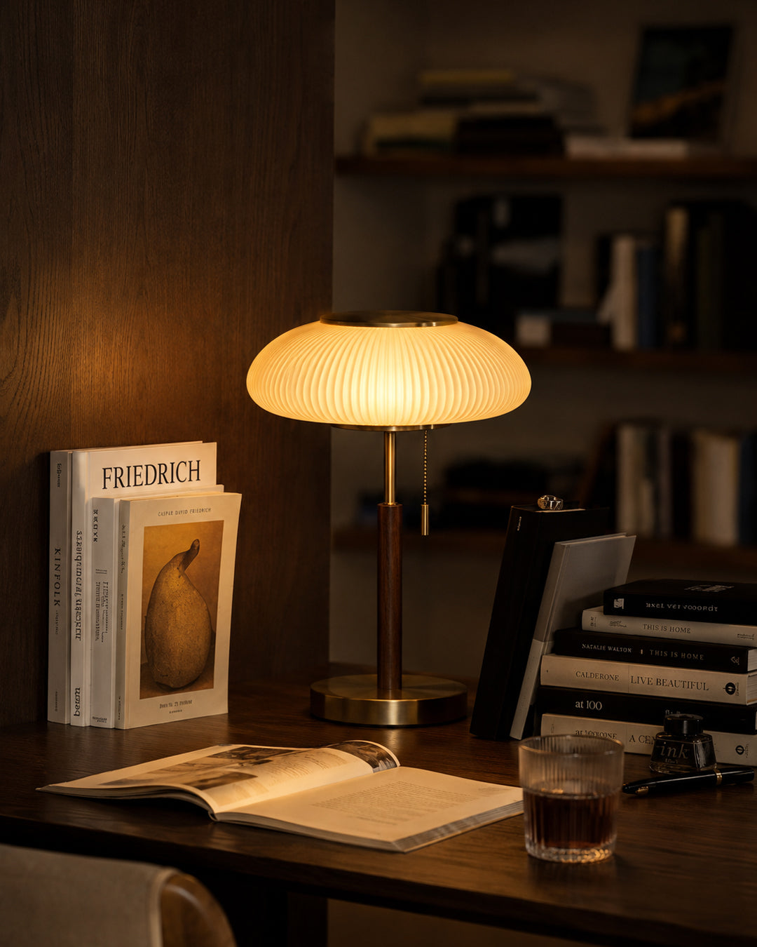 Ribbed glass table lamp styled on a bedside table