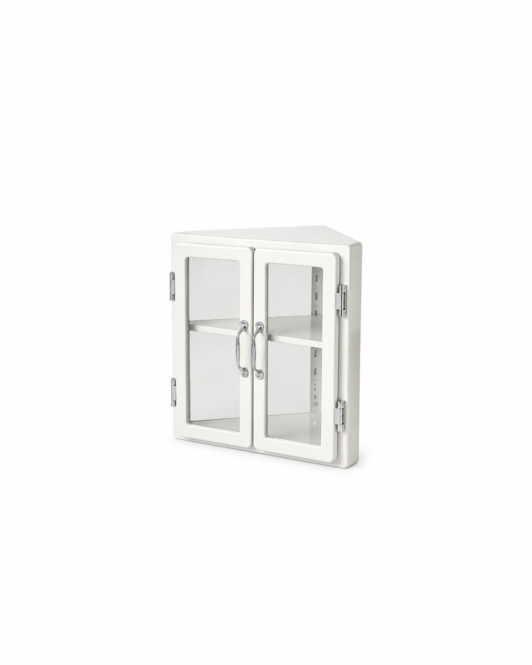 metal MCM vitrine corner display cabinet in white - front view product photo