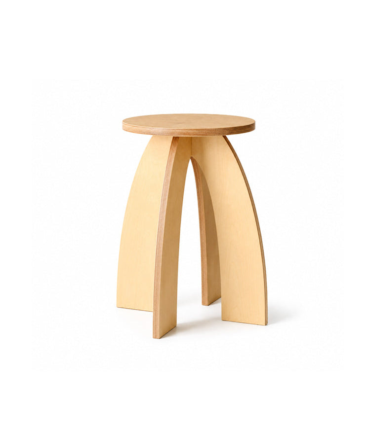 arched three-leg wood side table in natural finish - front view product photo