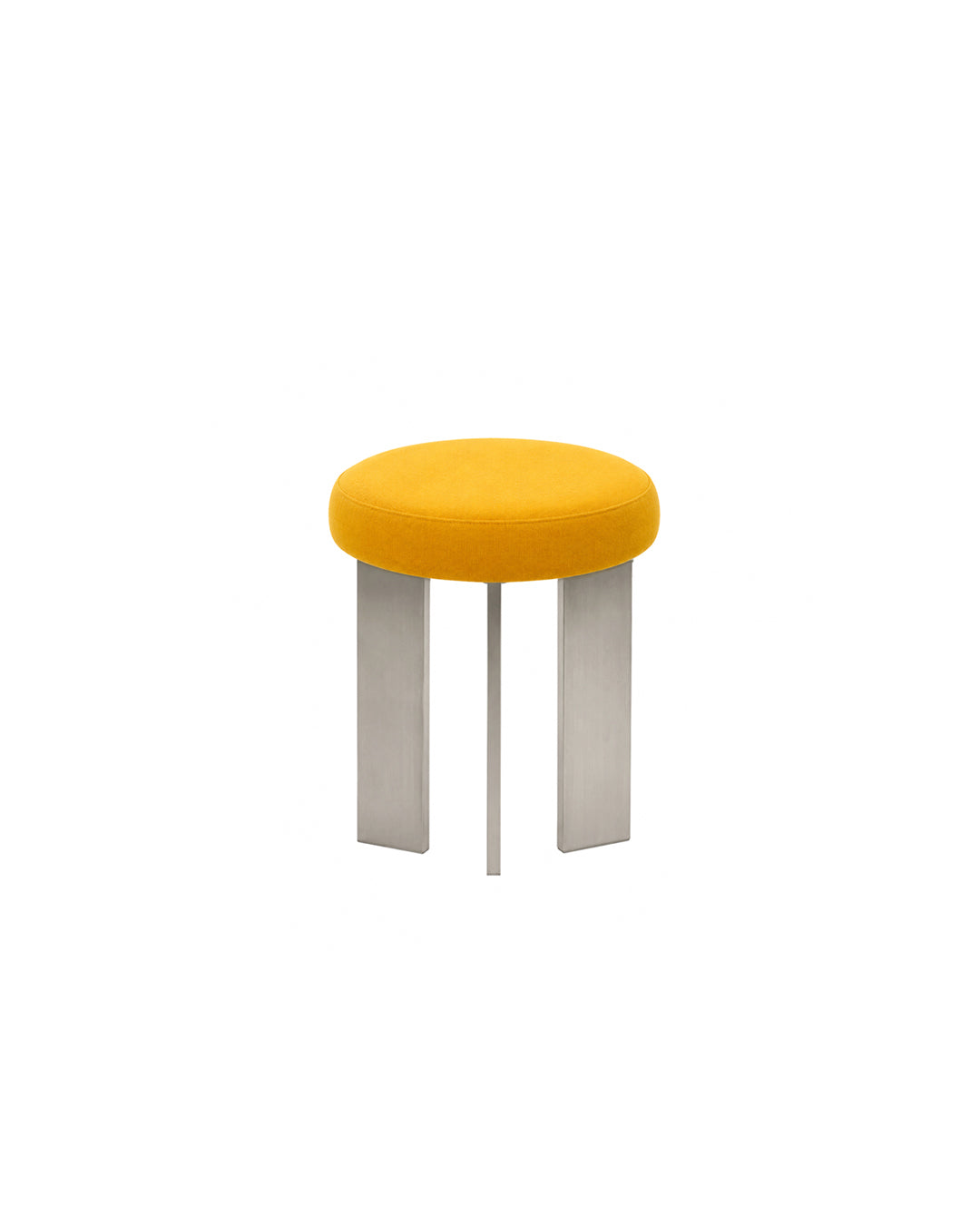 round linen-top accent stool with tripod steel legs in yellow - front view product photo