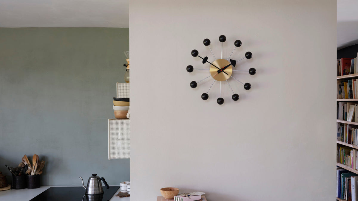 Ball Clock by George Nelson for Vitra, wooden spheres on radiating spokes