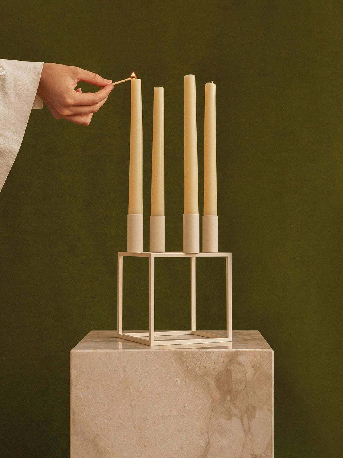 Kubus 4 brass candle holder by Mogens Lassen, geometric cube form