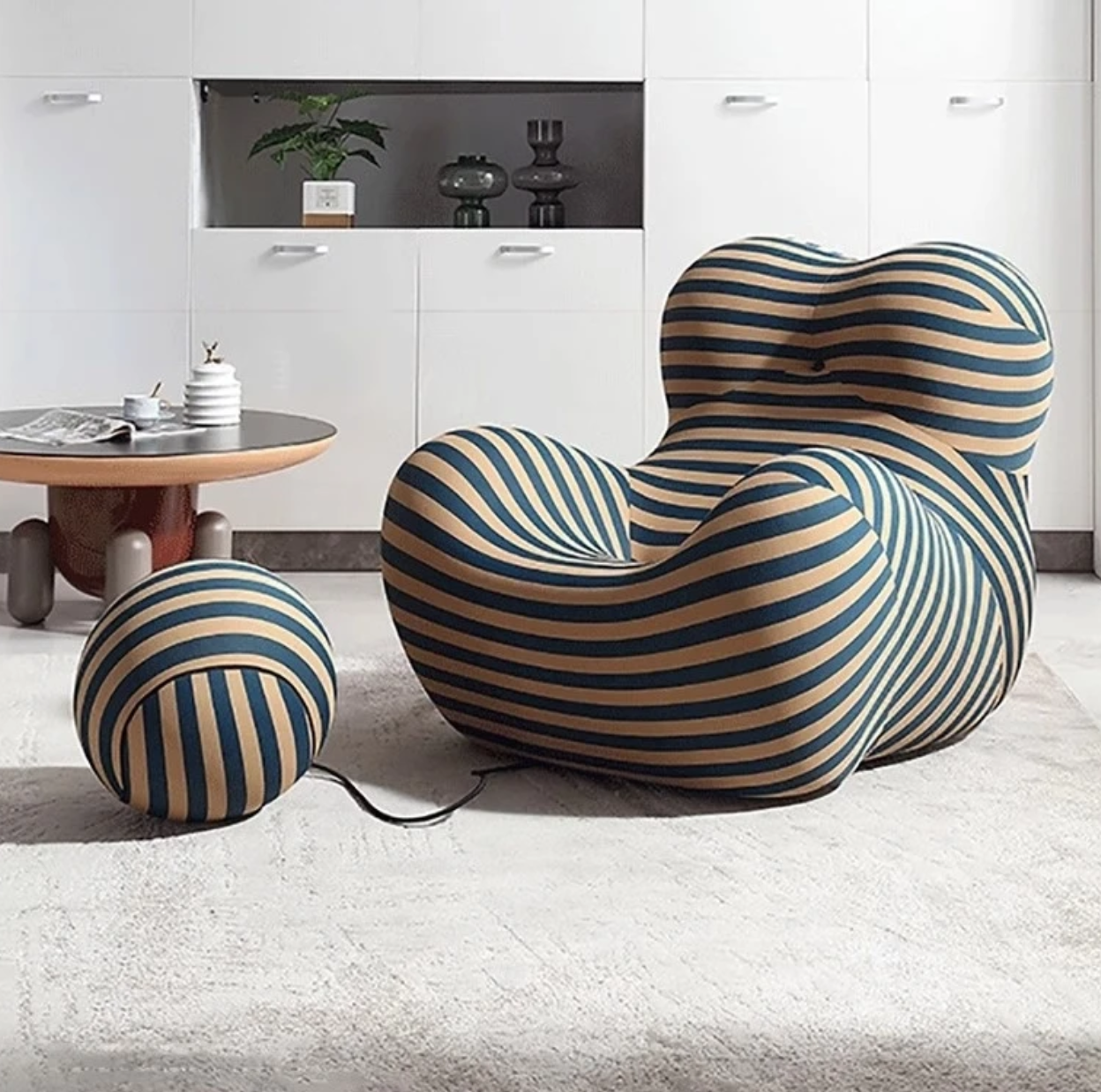 Lazy Sofa | Soft Cushioned Red Stripe Fabric Floor Sofa