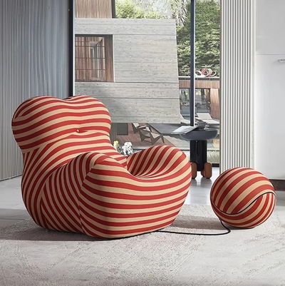 Lazy Sofa | Soft Cushioned Red Stripe Fabric Floor Sofa