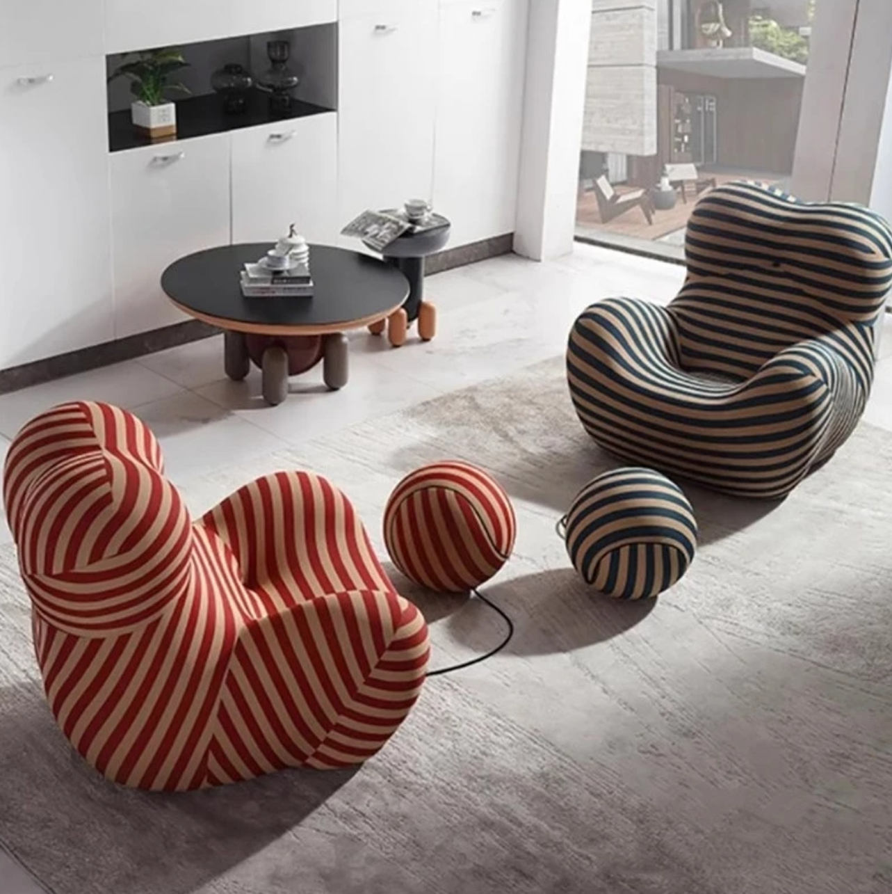 Lazy Sofa | Soft Cushioned Red Stripe Fabric Floor Sofa