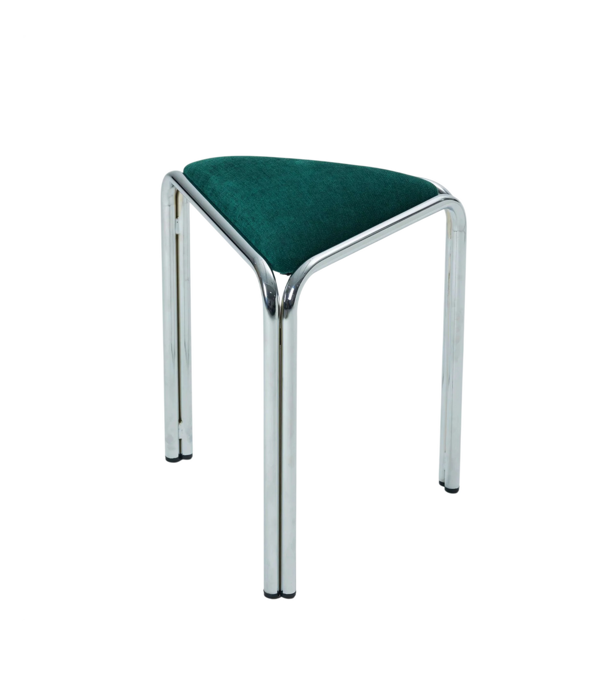 Green velvet triangle stacking stool on chrome tube legs, studio shot