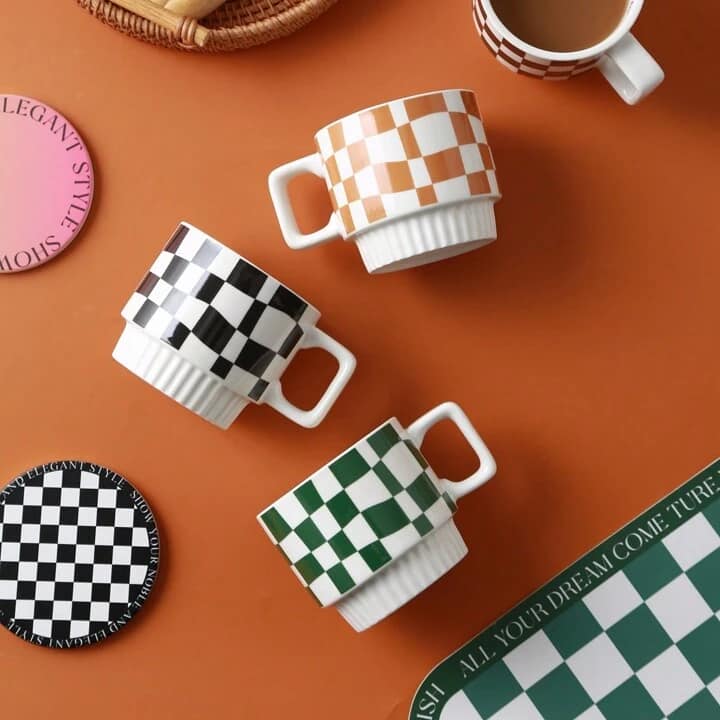 VIBE | Retro Checker & Wavy Ceramic Mug Set
