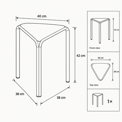 Dimension diagram of triangle stacking stool: 40cm seat width, 42cm height, 38x38cm leg footprint