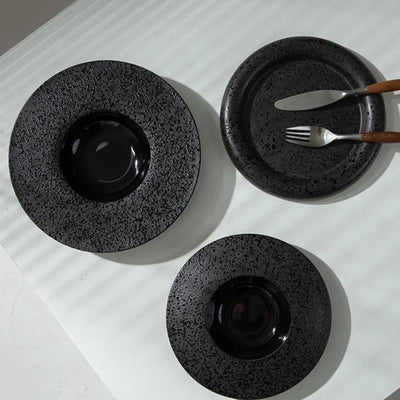 Black Ceramic Dinner Plate - Minimalist Thick Stoneware