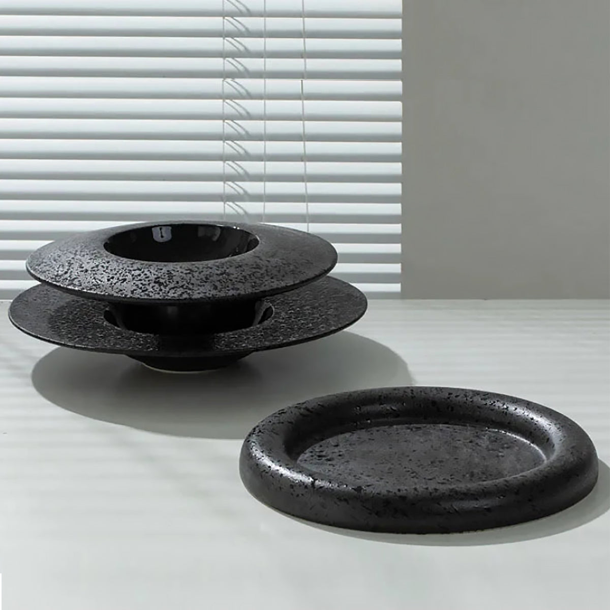 Black Ceramic Dinner Plate - Minimalist Thick Stoneware