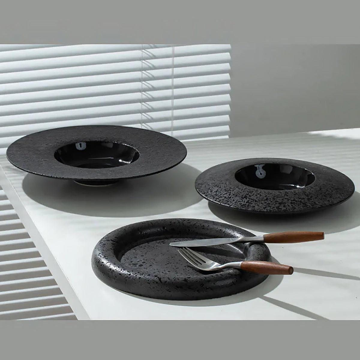 Black Ceramic Dinner Plate - Minimalist Thick Stoneware