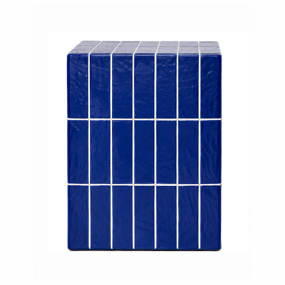 blue mosaic tile cube side table - front view product photo