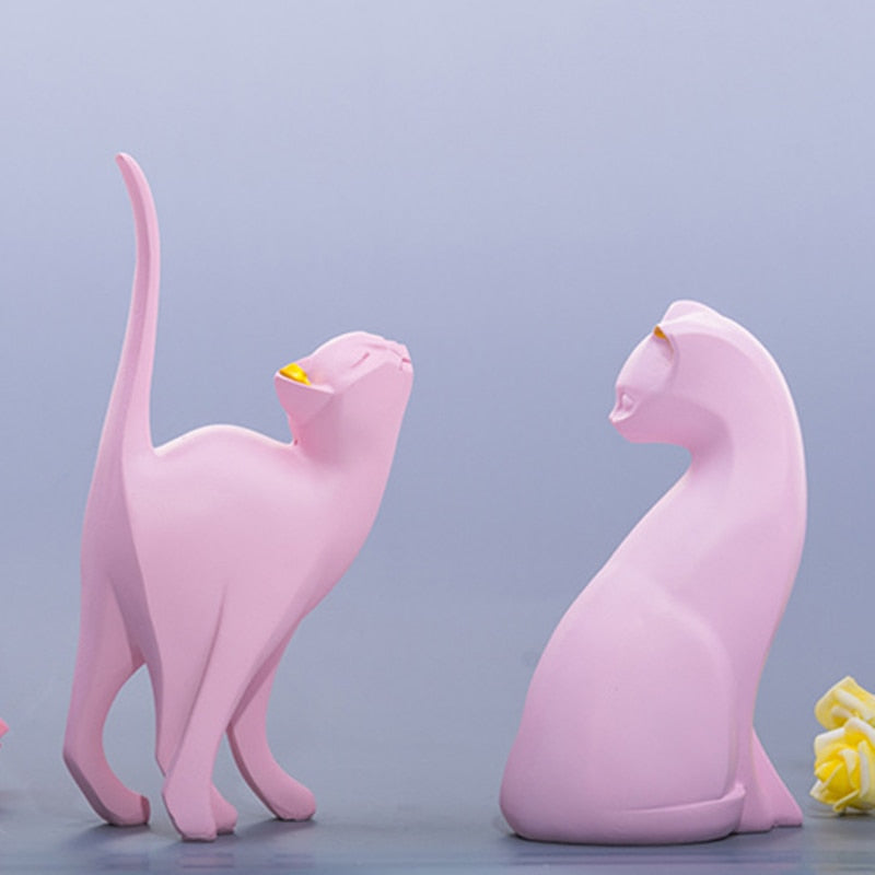 Pink Cat Sculpture - Resin Cat Figurine Decor