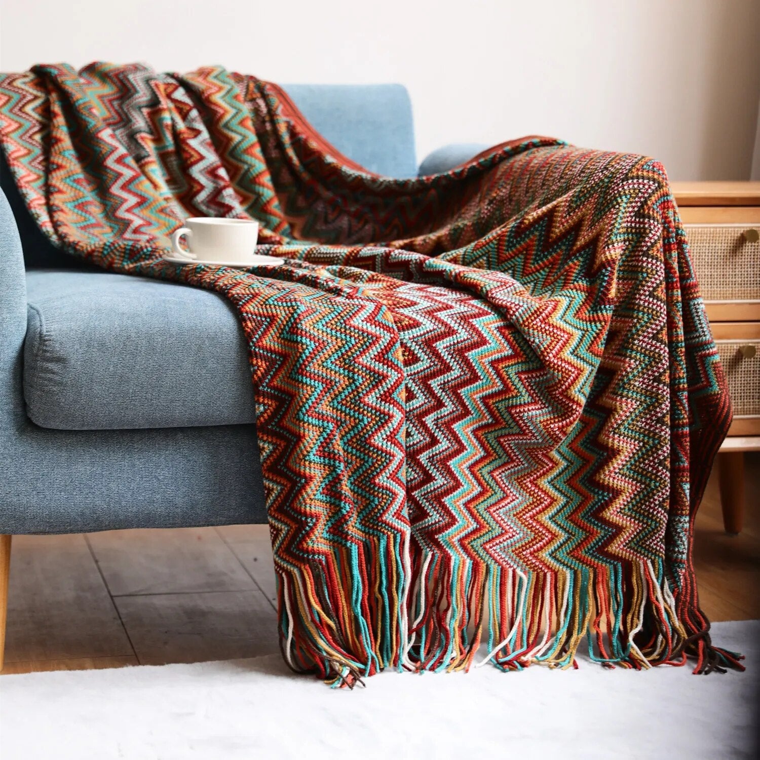 Knitted Pashmina Throw - Bohemian Tassel Blanket 50x67in Medium