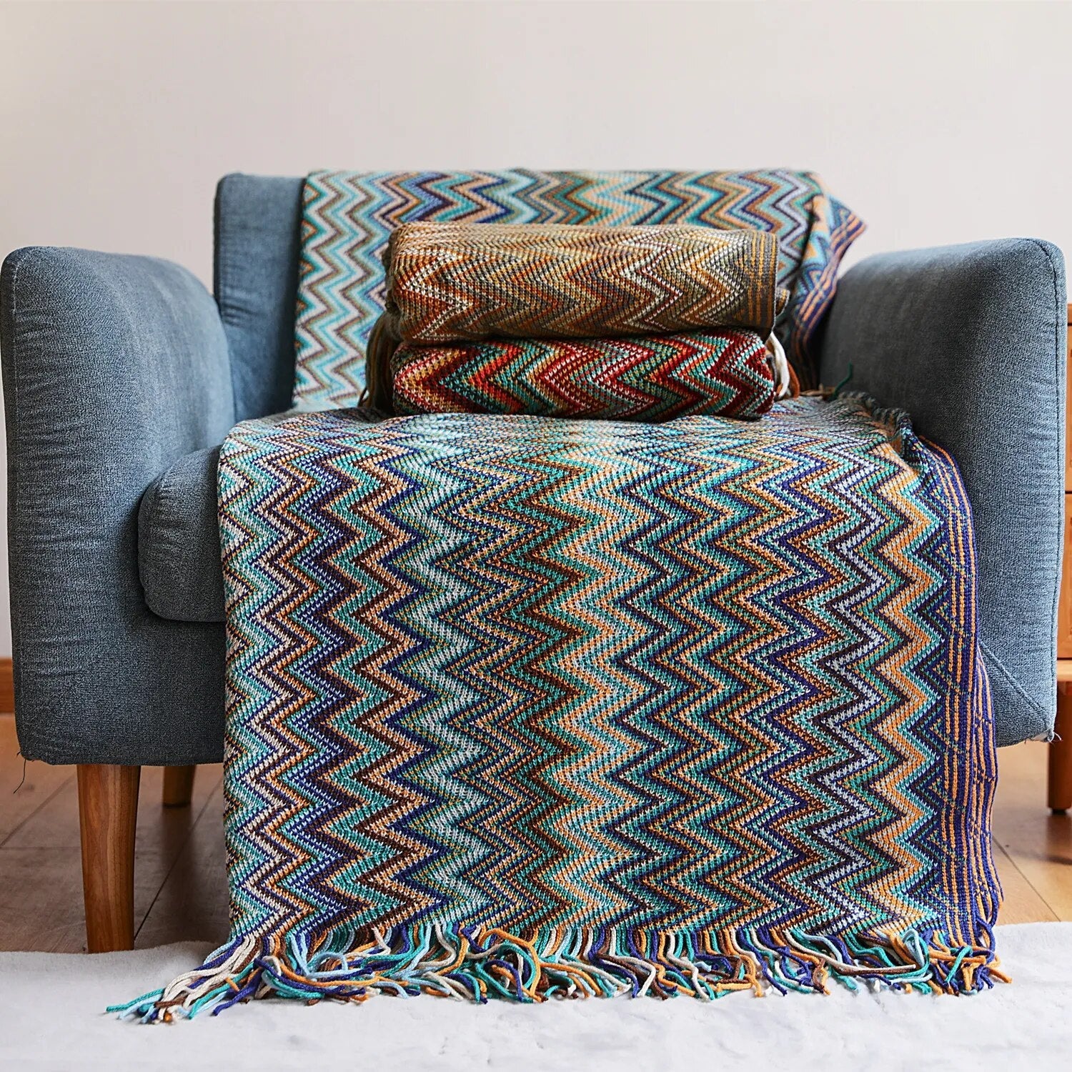 Knitted Pashmina Throw - Bohemian Tassel Blanket 50x67in Medium
