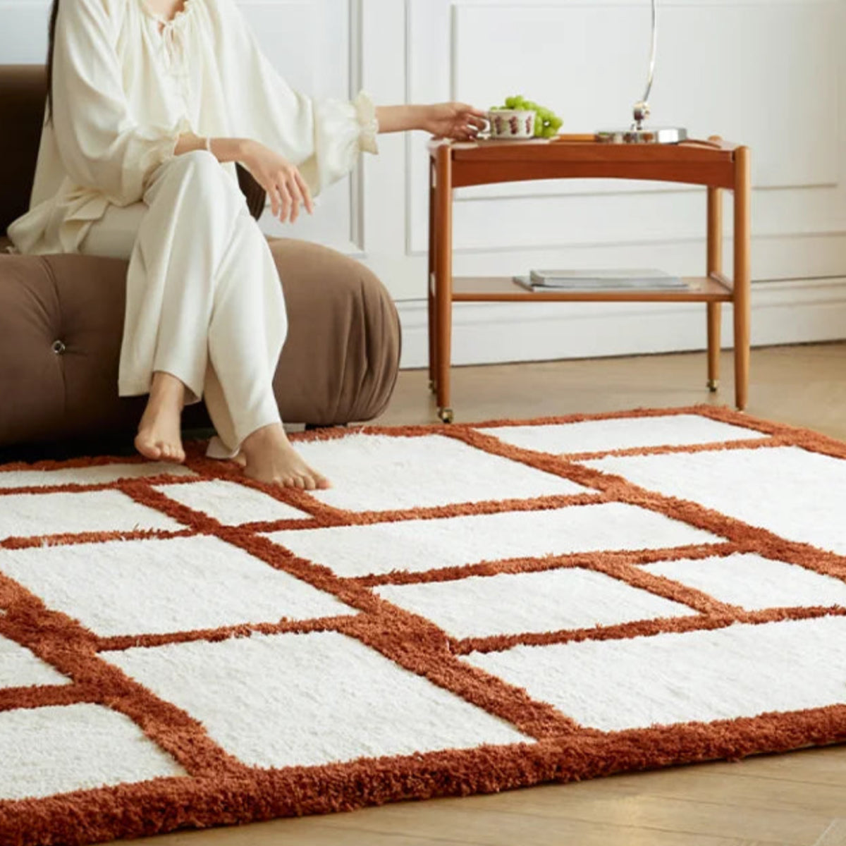 Orange Area Rug - Irregular Grid Pattern Rectangular Carpet