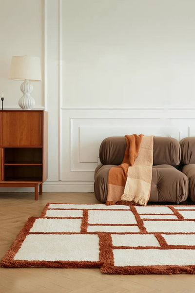 Orange Area Rug - Irregular Grid Pattern Rectangular Carpet