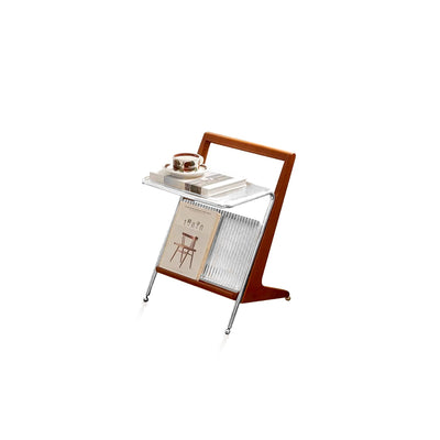 Japanese Side Table Featuring Solid Wood Handle & Metal