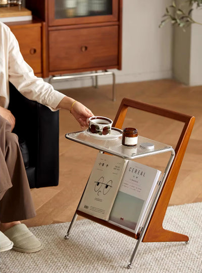 Japanese Side Table Featuring Solid Wood Handle & Metal