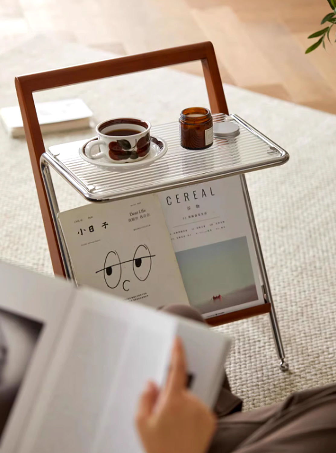 Japanese Side Table Featuring Solid Wood Handle & Metal