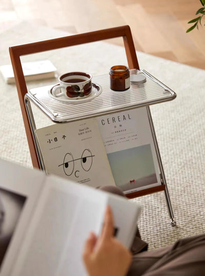 Japanese Side Table Featuring Solid Wood Handle & Metal