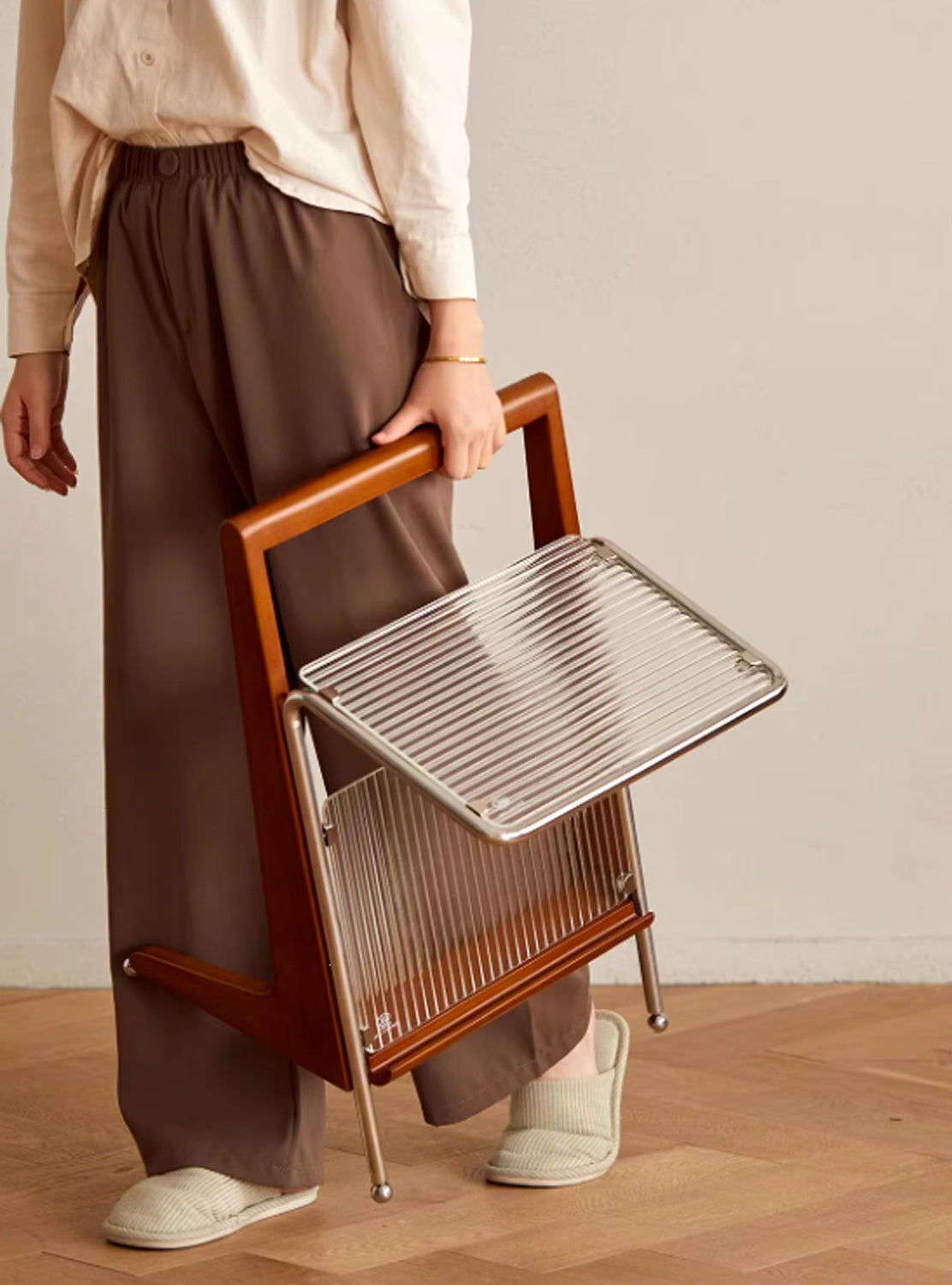 Japanese Side Table Featuring Solid Wood Handle & Metal