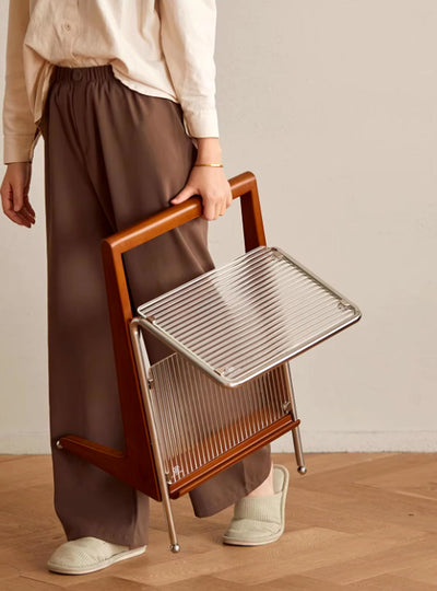 Japanese Side Table Featuring Solid Wood Handle & Metal