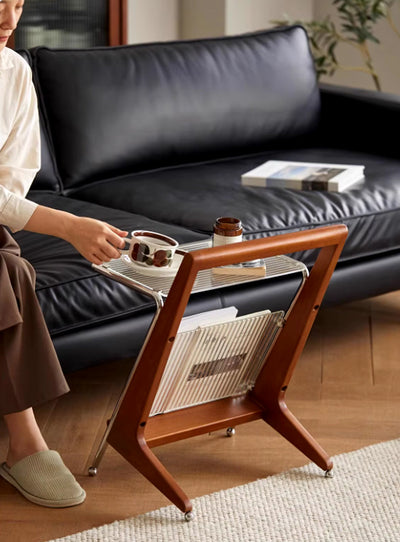 Japanese Side Table Featuring Solid Wood Handle & Metal
