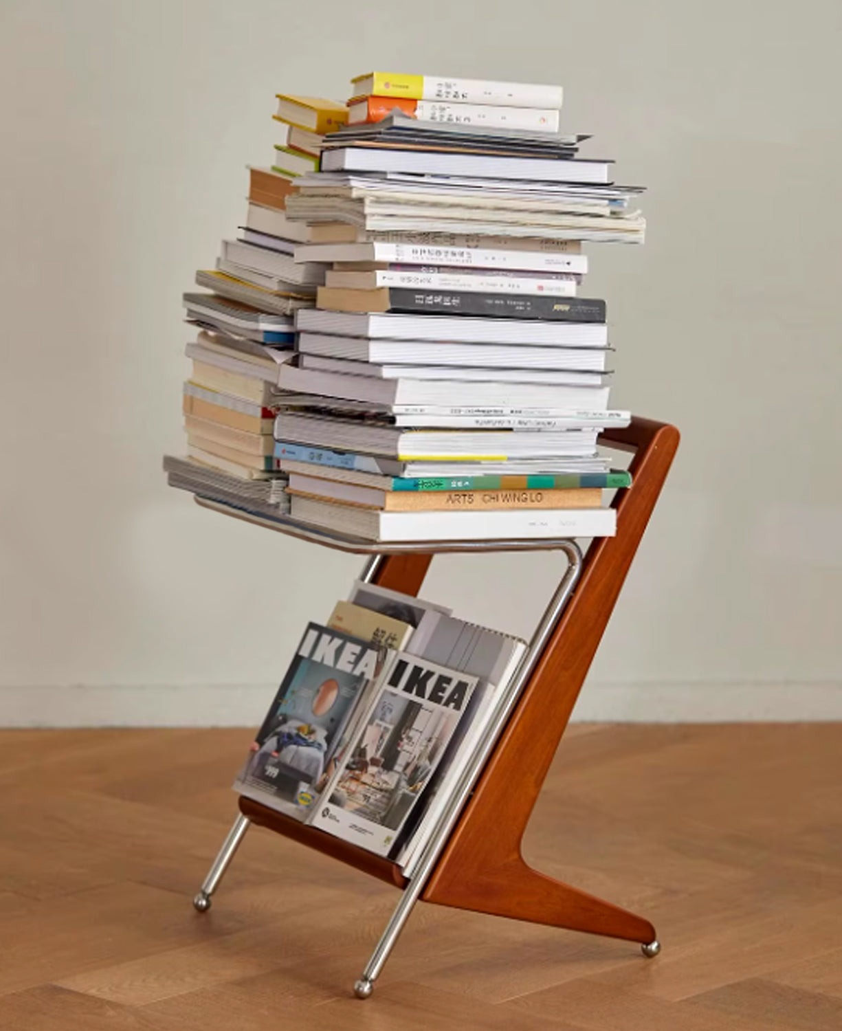 Japanese Side Table Featuring Solid Wood Handle & Metal