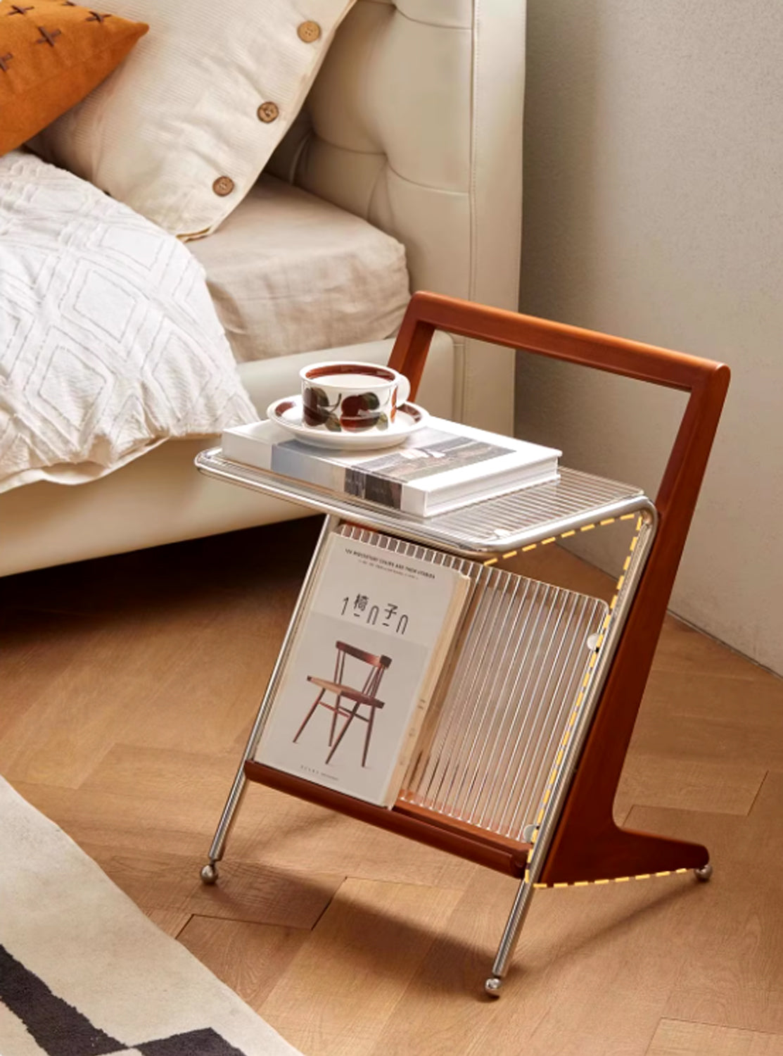 Japanese Side Table Featuring Solid Wood Handle & Metal