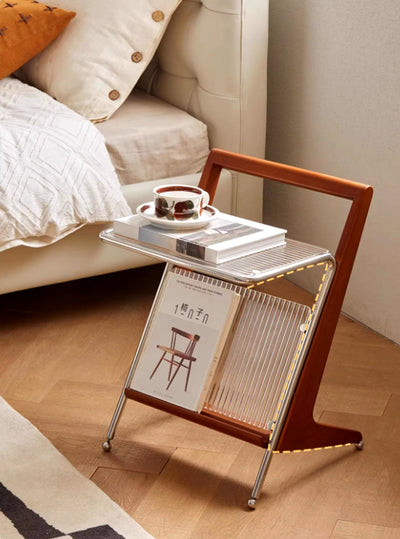 Japanese Side Table Featuring Solid Wood Handle & Metal